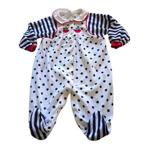 Vintage Baby Dior White Red Navy Blue Polka Dot Radish Jumpsuit Footie